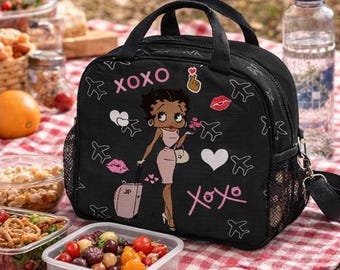 Betty Boop African Lunch Bag, Insulated Cooler Bag, Blue Food Tote, Travel Picnic Bag, Work School Snack Tote, Cute Lunch Box