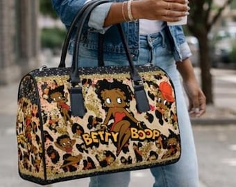 Betty Boop African Leopard Travel Bag, PU Leather Duffel, Black Woman Cartoon Gym Bag, Overnight Luggage, Stylish Travel Handbag