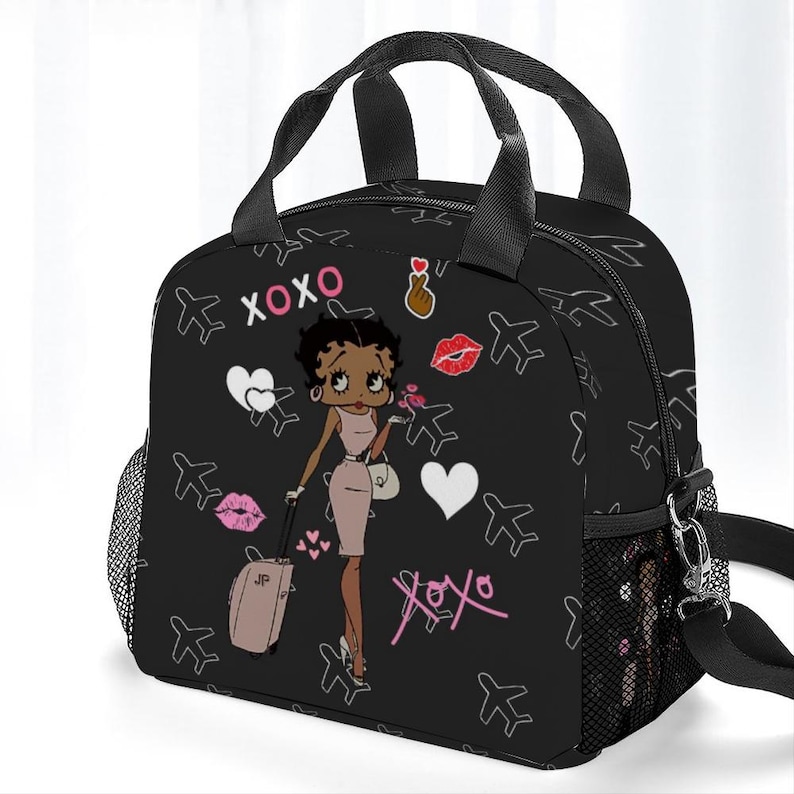 Torba na lunch Betty Boop African, torba termiczna, niebieska torba na jedzenie, torba podróżna na piknik, torba na przekąski do pracy i szkoły, urocze pudełko na lunch zdjęcie 3
