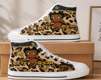 Women’s Leopard Black Betty Boop High-Top Canvas Sneakers | Retro Cartoon Streetwear Shoes | Cute Vintage-Inspired Casual Fashion Footwear
