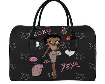 African Traveler Betty Boop PU Leather Travel Bag Gym Bag Duffel Bags Black Betty Boop Traveling Handbag luggage overnight bag