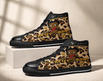 Women’s Leopard Black Betty Boop High-Top Canvas Sneakers | Retro Cartoon Streetwear Shoes | Cute Vintage-Inspired Casual Fashion Footwear