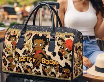 Black Betty Boop African Leopard Travel Bag, PU Leather Duffel Bag, African Woman Cartoon Gym Bag, Overnight Bag, Stylish Carry On