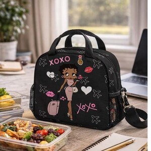 Torba na lunch Betty Boop African, torba termiczna, niebieska torba na jedzenie, torba podróżna na piknik, torba na przekąski do pracy i szkoły, urocze pudełko na lunch zdjęcie 5