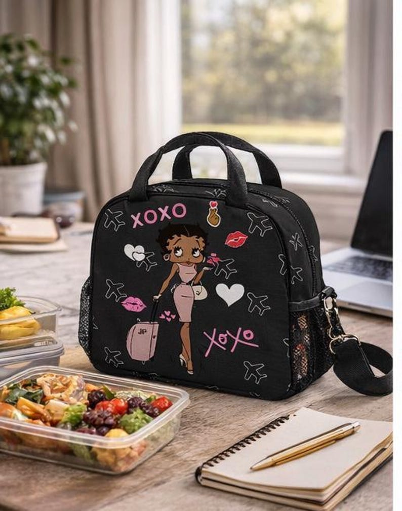 Torba na lunch Betty Boop African, torba termiczna, niebieska torba na jedzenie, torba podróżna na piknik, torba na przekąski do pracy i szkoły, urocze pudełko na lunch zdjęcie 5