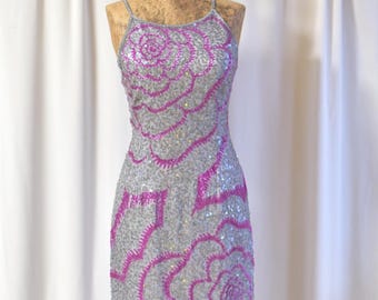 Vintage Y2K 90's sequin silk rose cyber Papell fairycore prom evening occasion maxi long dress - size M-L