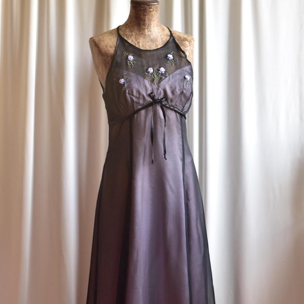 Vintage Y2K Floral Maxi Kleid: Violet Schwarz Overlay, UK 36