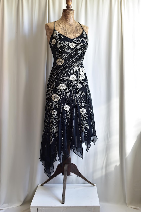 Vintage Y2K Beaded Asymmetric Jellyfish Floral Gothic Embellished Homecoming Occasion Midi Dress, Size L-XL