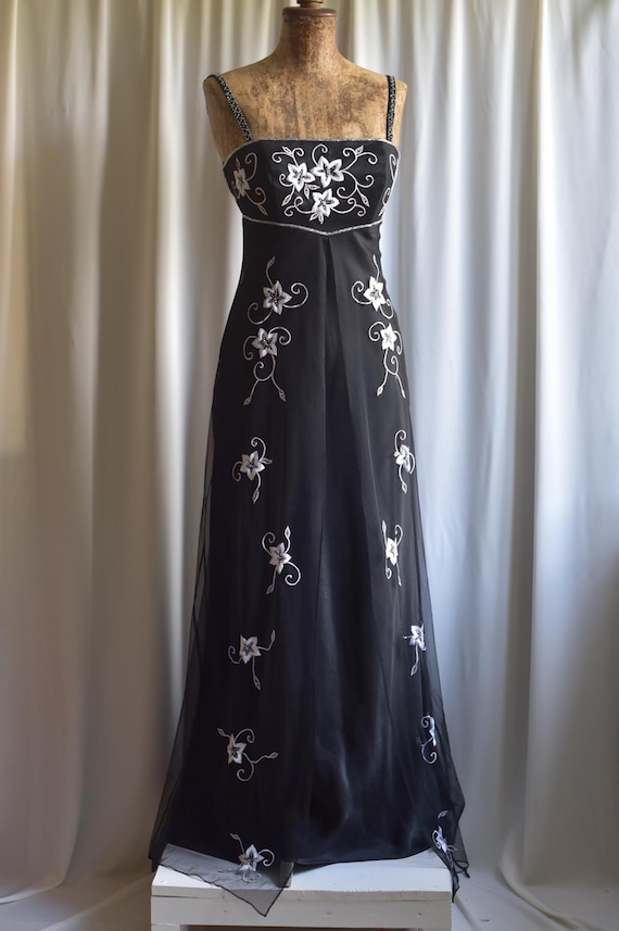 Vintage Y2k Vampire Mesh Homecoming Beaded Embellished Vampy Whimsy Gothic Empire Waist Prom Occasion Maxi Dress, Size S-M