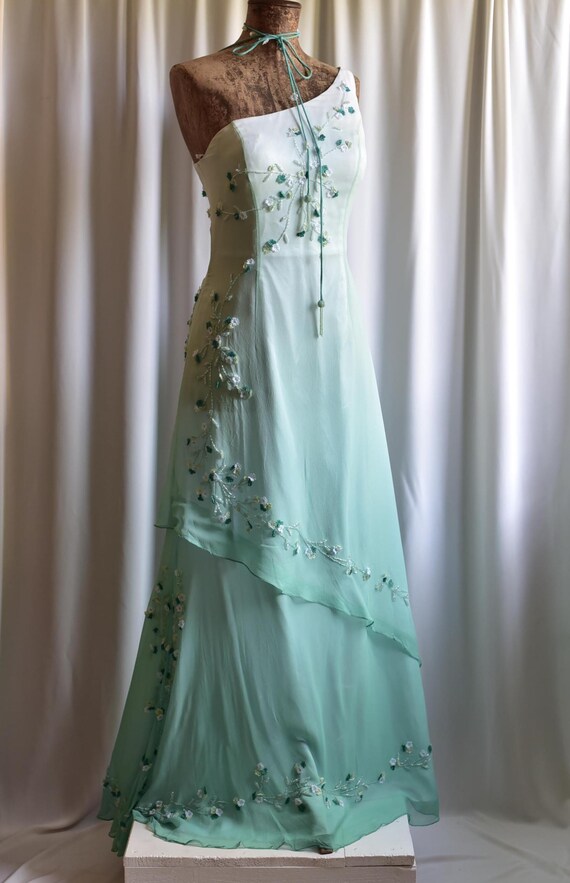 Vintage Y2K SILK Ombré Floral Forest Fairy Embellished Beaded Fairycore  Prom Evening Occasion Homecoming Maxi Long Dress - Size M