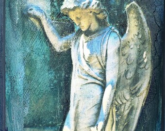 Gothic Angel Statuary Mixed Media Wall Hanging, Cemetery Sculpture Photo Transfer (UV Treated)