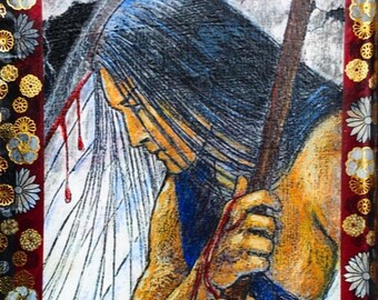 Guardian Angel Gothic Mixed Media Wall Hanging, Hand Embellished Print