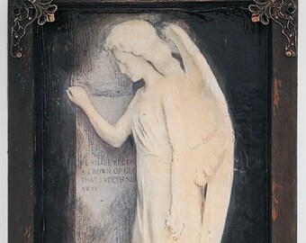 Angel, statuary, gothic, mixed media, death, requiem, memorial, unique handmade wall hanging, photography. OOAK. No computer/AI  involved.