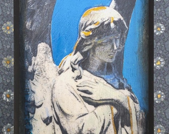 Gothic Angel Statuary Mixed Media Wall Hanging, Cemetery Sculpture Photo Transfer