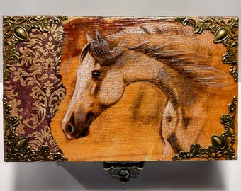 Equestrian, bohemian, tart card holder, keepsake box, ooak, horse, earth tones, treasure chest, unique, handmade, collage, mixed media