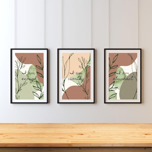 Boho Affirmation Prints - I Am Abundant, I Am Worthy, I Am Enough - Positive Quotes for Self Love, Mindfulness Decor, Digital Wall Art Set