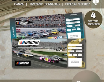 Op de afbeelding: Digitaal ticketontwerp met NASCAR-raceauto's. Het ontwerp bevat de tekst "DIGITAL TICKET" en "CANVA | INSTANT DOWNLOAD | CUSTOM TICKET". De afbeelding bevat ook de tekst "PRINT OR SEND Canva". Vier ontwerpen zijn inbegrepen.