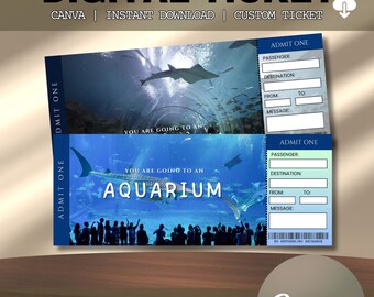 May include: Digital ticket design with the text "DIGITAL TICKET" at the top. The ticket features an aquarium scene with the text "YOU ARE GOING TO AN AQUARIUM". The design includes fillable fields for passenger and destination information.