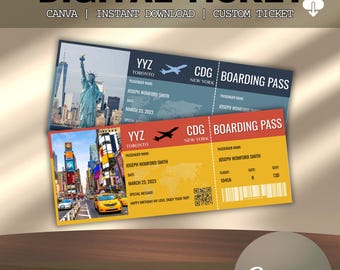 May include: Two digital boarding passes with the text "DIGITAL TICKET". The top ticket features a photo of the Statue of Liberty, while the bottom ticket shows a city scene. Both tickets include passenger details and flight information.