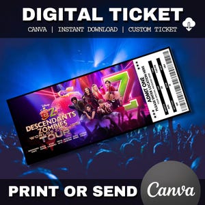 Printable Descendants Zombies Worlds Collide Tour Concert Show Pass Surprise Gift Reveal Canva Editable Personalized Download