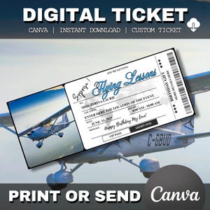 Puede incluir: Un diseño de boleto digital con las palabras "DIGITAL TICKET" en la parte superior. El boleto es para "Flying Lessons" e incluye el nombre del destinatario, la fecha y la hora. El boleto también dice "Happy Birthday My love!" y "ADMIT ONE."