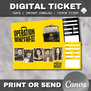 Peut inclure: Un modèle de billet numérique sur fond jaune vif. Le billet affiche le texte "DIGITAL TICKET" et "OPERATION MINCEMEAT". Il comprend un dessin de mallette avec un journal et des photos des acteurs. Le modèle comprend également des champs pour les détails de l'événement.