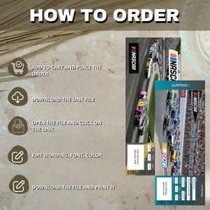 May include: Image showing instructions on how to order a NASCAR-themed item. The steps include adding to cart, downloading a link file, opening the file, editing wording and color, and printing. The image also displays a NASCAR ticket design with the word "SURPRISE!"