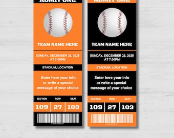 Plantilla editable de boleto para partido de béisbol con los colores de Baltimore. Sorpresa, boleto para partido de béisbol, descarga instantánea, editable en Canva.