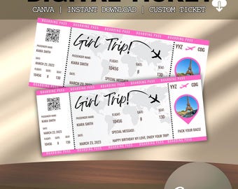 Plantilla de tarjeta de embarque editable, boleto de avión personalizado imprimible, tarjeta de embarque de Canva, invitación digital para viaje de chicas