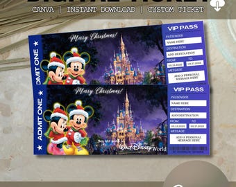 May include: Digital ticket design with text that reads "DIGITAL TICKET" and "CANVA | INSTANT DOWNLOAD | CUSTOM TICKET". The ticket features Mickey and Minnie Mouse in Christmas attire, the text "Mary Christmas!", and a castle. The ticket is a VIP pass for Walt Disney World.