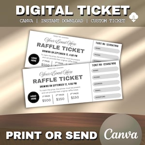 Puede incluir: Boletos de rifa digitales con el texto "Your Event Here" y los importes de los premios. Los boletos incluyen campos para nombre, teléfono, dirección, correo electrónico y firma. La imagen también incluye el texto "DIGITAL TICKET" y "PRINT OR SEND Canva."