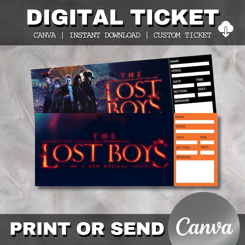 May include: Digital ticket design for "The Lost Boys" musical. Features a dark background with the musical's title in red, a cast photo, and fillable fields for event details. Includes the text "PRINT OR SEND Canva".