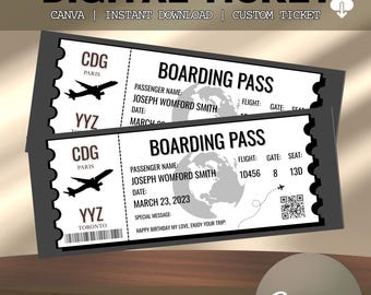 Editable Boarding Pass Template, Printable Plane Ticket, Personalized Travel Gift, Digital Download