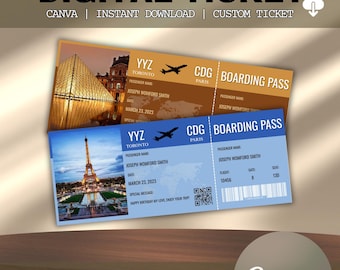 May include: Two digital boarding passes with the text "DIGITAL TICKET" at the top. One pass features a photo of the Eiffel Tower, the other a pyramid. Both passes are for Joseph Womford Smith, departing from Toronto (YYZ) to Paris (CDG).