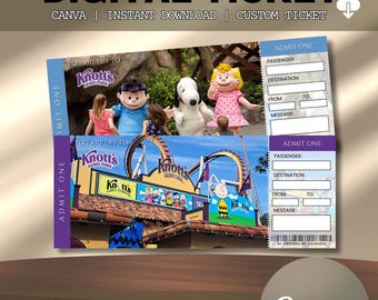 Bearbeitbare digitale Knotts Berry Farm Überraschungsreise Geschenkkarte, druckbare Bordkarte für den Faux Vergnügungspark, druckbare Freizeitparkkarte