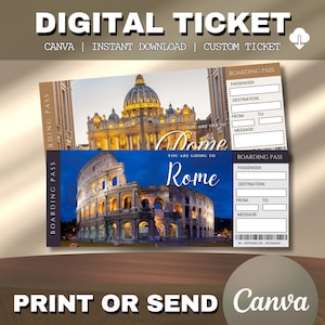 Könnte beinhalten: Digitales Ticket-Design mit dem Text "DIGITAL TICKET" oben. Das Ticket zeigt Bilder des Kolosseums und des Petersdoms. Der Text auf dem Ticket enthält "Rome" und "Boarding Pass". Der untere Teil des Bildes lautet "PRINT OR SEND Canva".