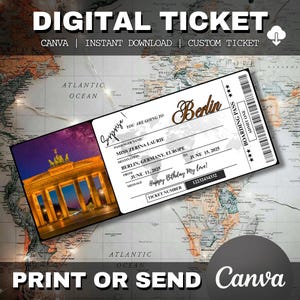 Printable Editable BERLIN Surprise BOARDING Pass Ticket, Trip Ticket to Berlin, Vacation Ticket, Editable Canva Template Download