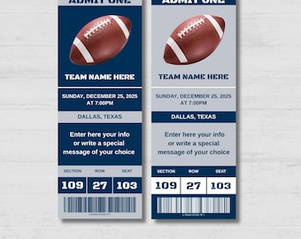 May include: Two football ticket designs with a brown football graphic. The tickets have a blue and gray color scheme and include the text "ADMIT ONE", "TEAM NAME HERE", and event details for Dallas, Texas.