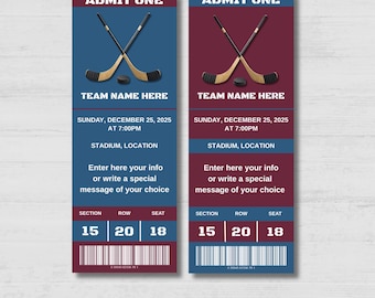 May include: Two hockey tickets with a blue and burgundy color scheme. Each ticket features crossed hockey sticks, a puck, and the text "ADMIT ONE." The tickets include placeholders for team name, date, time, and location.
