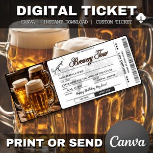Op de afbeelding: Een digitaal ticket voor een brouwerijtour met de tekst "DIGITAL TICKET" bovenaan. Het ticket is wit met zwarte tekst en bevat een afbeelding van bierpullen. Op het ticket staat "Brewery Tour" en "Happy Birthday My love!"