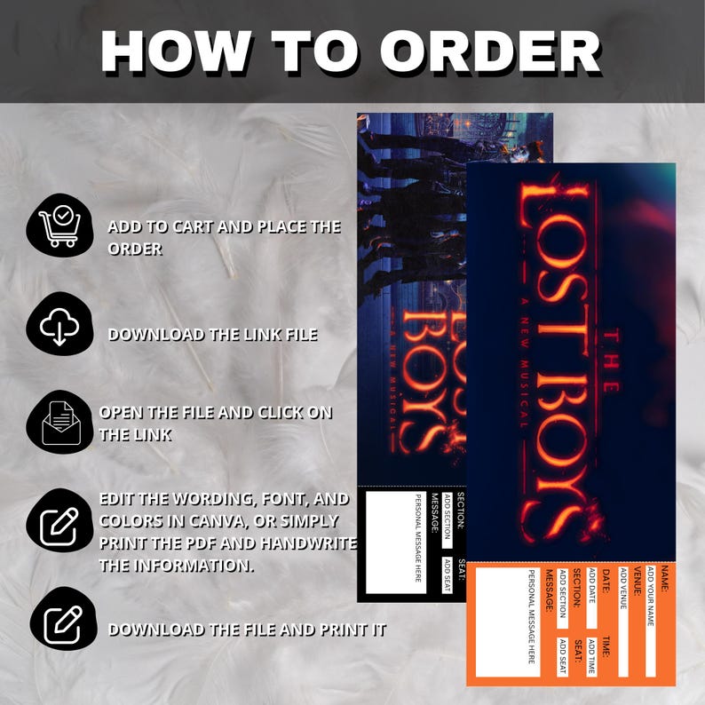 May include: A graphic with instructions on how to order a product. The text reads "HOW TO ORDER" at the top. Steps include adding to cart, downloading a link file, opening the file, editing, and printing. The image also shows a "Lost Boys" musical ticket.