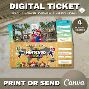 以下が含まれることがあります： スーパーニンテンドーワールドのキャラクターとユニバーサルスタジオのロゴが特徴のデジタルチケットデザイン。 チケットには、名前、目的地、日付、パーソナルメッセージのフィールドが含まれています。 デザインには「Digital Ticket」と「Print or Send Canva」の文字も含まれています。