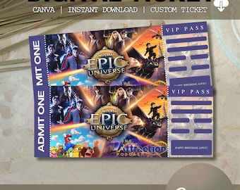 Editable Epic Universe Ticket: Printable and Editable DIGITAL DOWNLOAD gift pdf, Canva template Universal Studios Florida Theme Park