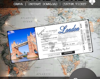 Billete de regalo imprimible para viaje sorpresa a Londres. Tarjeta de embarque. Billete imprimible. Billete de viaje. Billete de vacaciones. Billete editable en Canva.