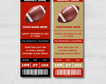Boleto editable con los colores de San Francisco para revelar el regalo del partido de fútbol americano. Boleto para partido de fútbol americano. Archivo editable en Canva. Descarga instantánea.