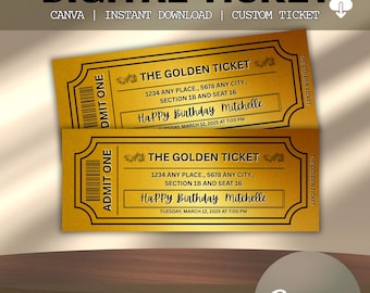 Golden Ticket Template, Printable Golden Ticket Editable Template, Golden Event Ticket, Custom Ticket Invitation, Golden Voucher Template