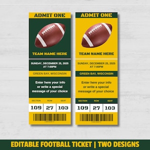 Può includere: Due modelli di biglietti di calcio con una grafica di pallone da calcio marrone. I biglietti hanno una combinazione di colori giallo e verde con il testo "ADMIT ONE", "TEAM NAME HERE" e "SUNDAY, DECEMBER 25, 2025 AT 7:00PM". I biglietti includono anche il testo "GREEN BAY, WISCONSIN".