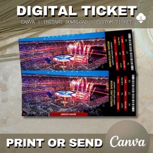 Pode incluir: Dois bilhetes digitais para um show de luta livre, com uma cena de estádio com fogos de artifício. Os bilhetes têm detalhes em preto e vermelho com informações do evento. O texto nos bilhetes inclui "Wrestling Show" e "Happy Birthday Harvey."