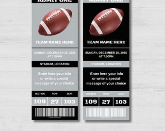 May include: Two football ticket designs. Each ticket features a brown football with white stripes. The tickets have the text "ADMIT ONE", "TEAM NAME HERE", and "SUNDAY, DECEMBER 25, 2025 AT 7:00PM". The tickets also include a barcode and seat information.