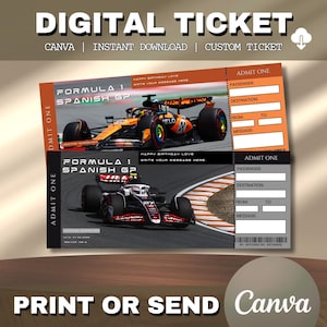 Könnte beinhalten: Digitales Ticket-Design für den Formel-1-Grand Prix von Spanien. Die Tickets zeigen Bilder von Rennwagen mit Platz zur Anpassung von Passagierdetails, Zielort und einer persönlichen Nachricht. Das Design enthält den Text "Digital Ticket", "Canva" und "Print or Send".